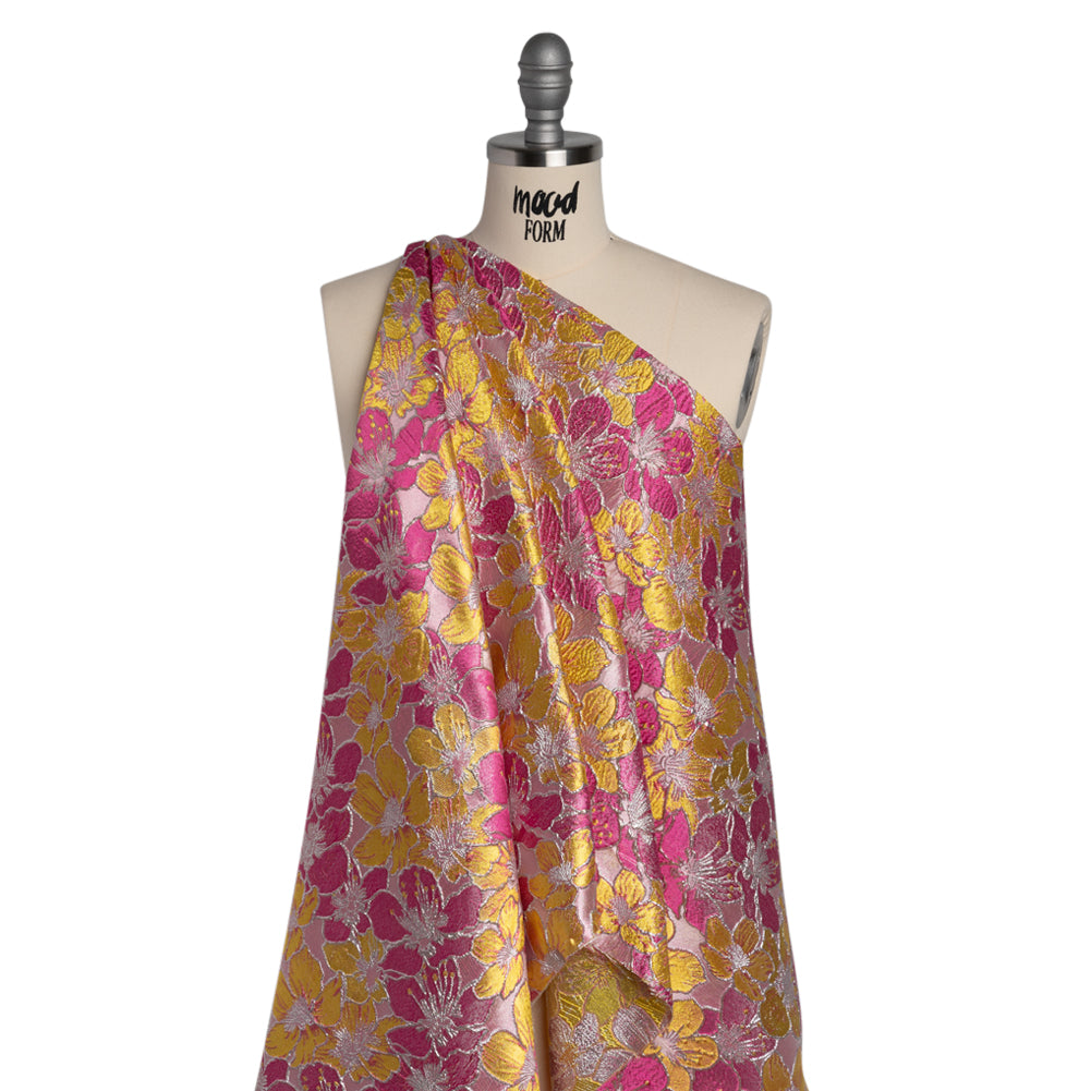 Metallic Brocade - Bright Pink, Yellow and Silver Floating Blossoms Metallic Brocade - Bright Pink, Yellow and Silver Floating Blossoms