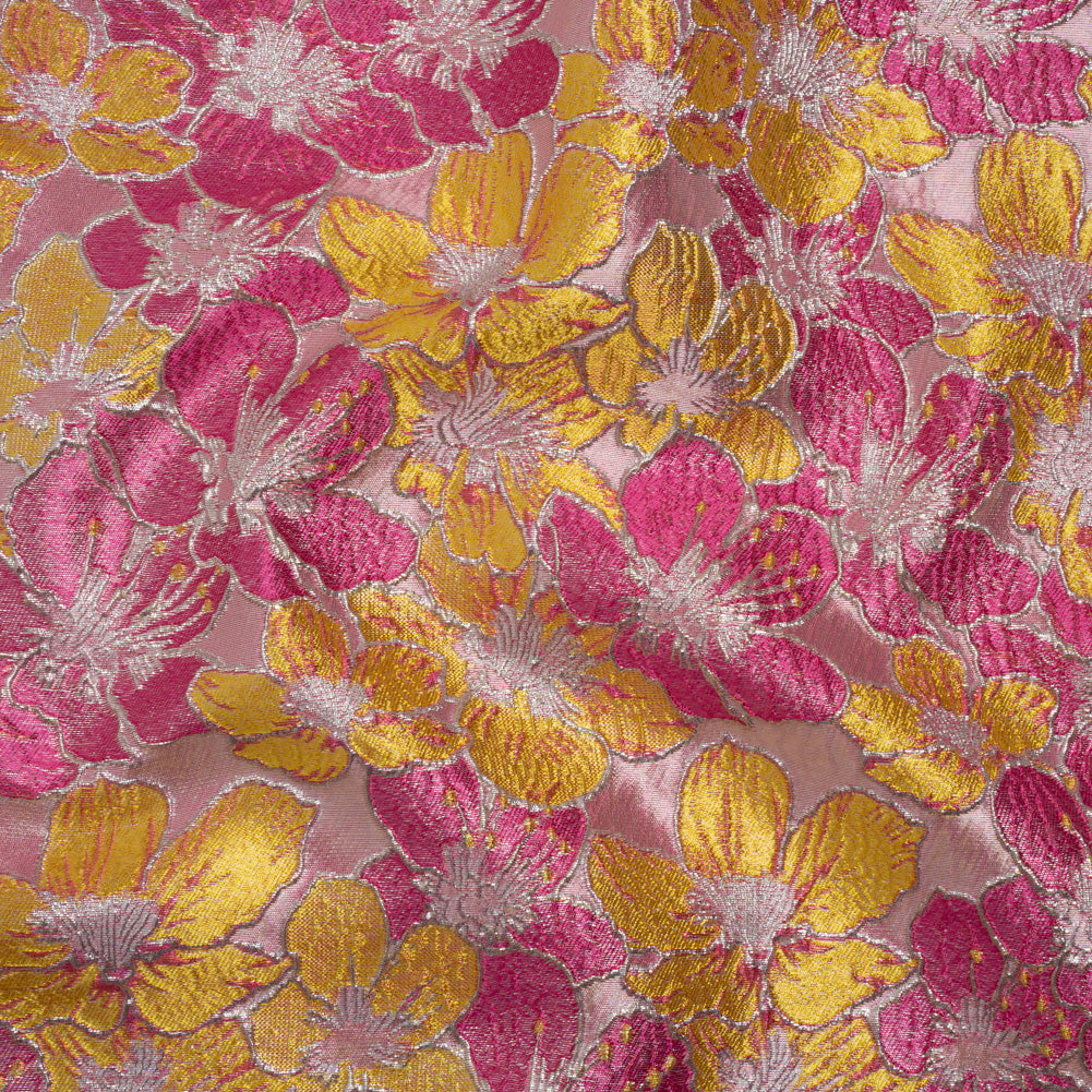 Metallic Brocade - Bright Pink, Yellow and Silver Floating Blossoms Metallic Brocade - Bright Pink, Yellow and Silver Floating Blossoms