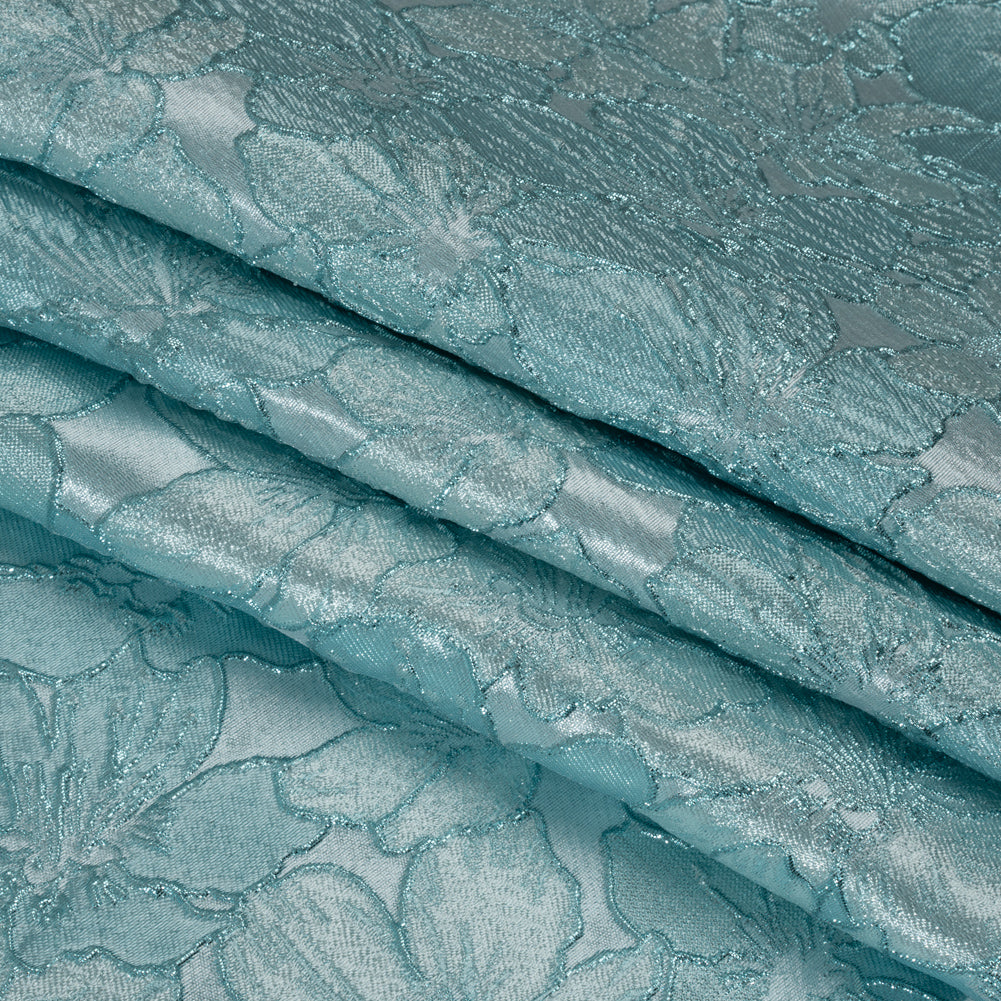 Metallic Brocade - Monochrome Aqua Blue Floating Blossoms Metallic Brocade - Monochrome Aqua Blue Floating Blossoms