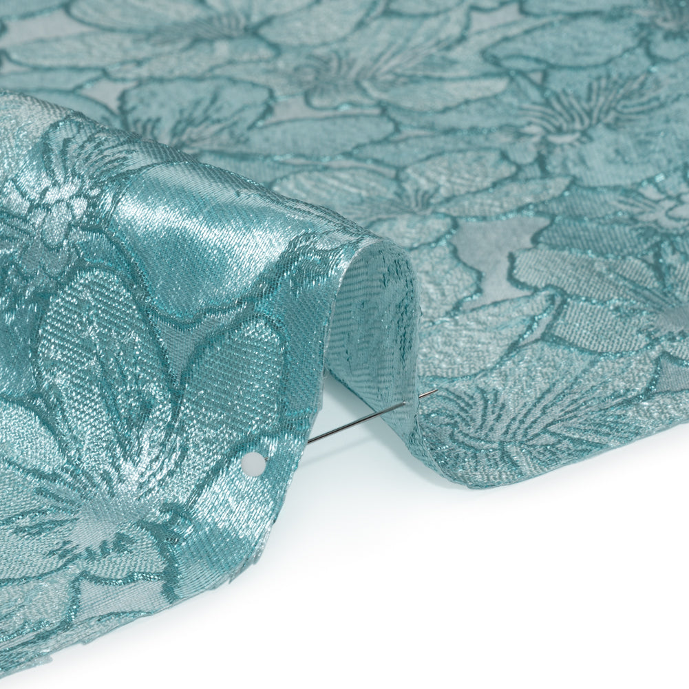 Metallic Brocade - Monochrome Aqua Blue Floating Blossoms Metallic Brocade - Monochrome Aqua Blue Floating Blossoms