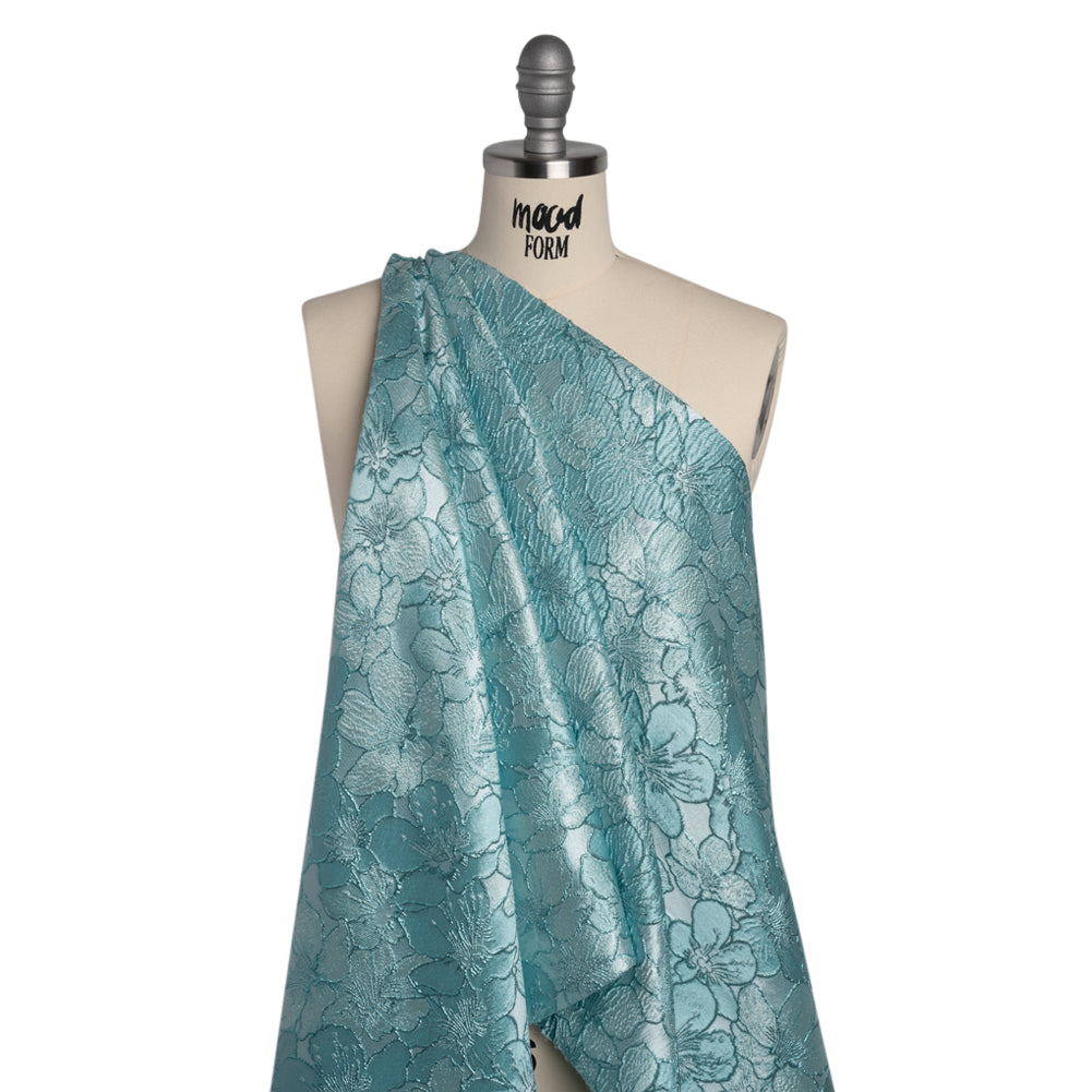 Metallic Brocade - Monochrome Aqua Blue Floating Blossoms Metallic Brocade - Monochrome Aqua Blue Floating Blossoms