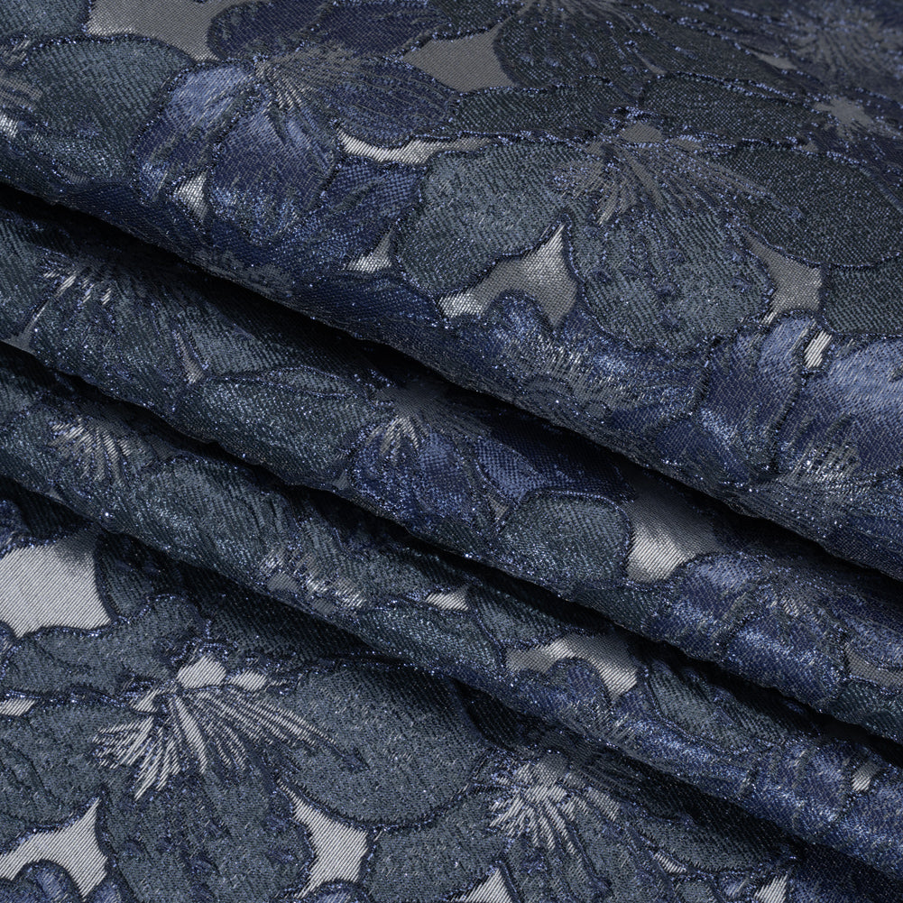 Metallic Brocade - Navy, Blue and Steel Gray Floating Blossoms Metallic Brocade - Navy, Blue and Steel Gray Floating Blossoms