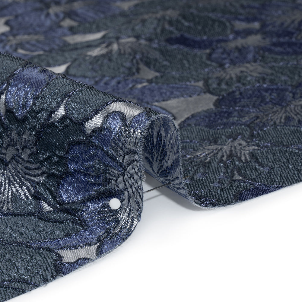 Metallic Brocade - Navy, Blue and Steel Gray Floating Blossoms Metallic Brocade - Navy, Blue and Steel Gray Floating Blossoms