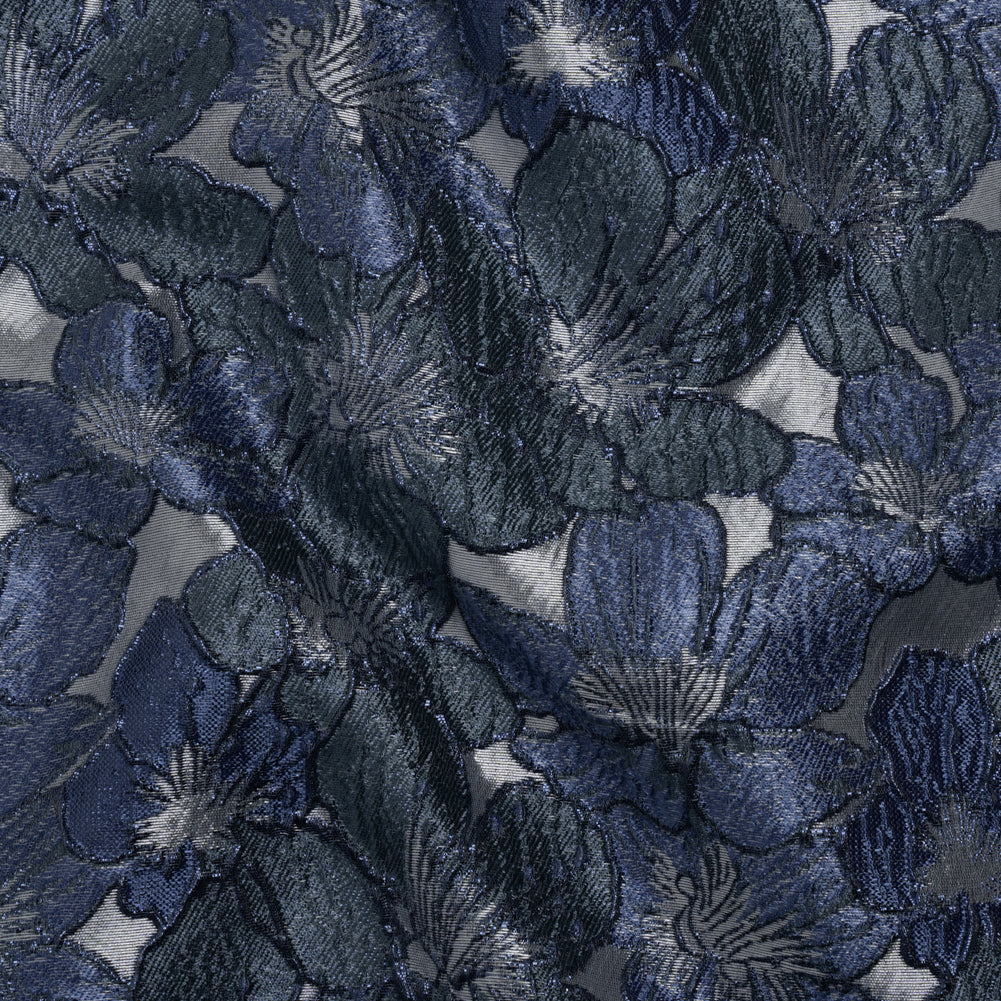 Metallic Brocade - Navy, Blue and Steel Gray Floating Blossoms Metallic Brocade - Navy, Blue and Steel Gray Floating Blossoms