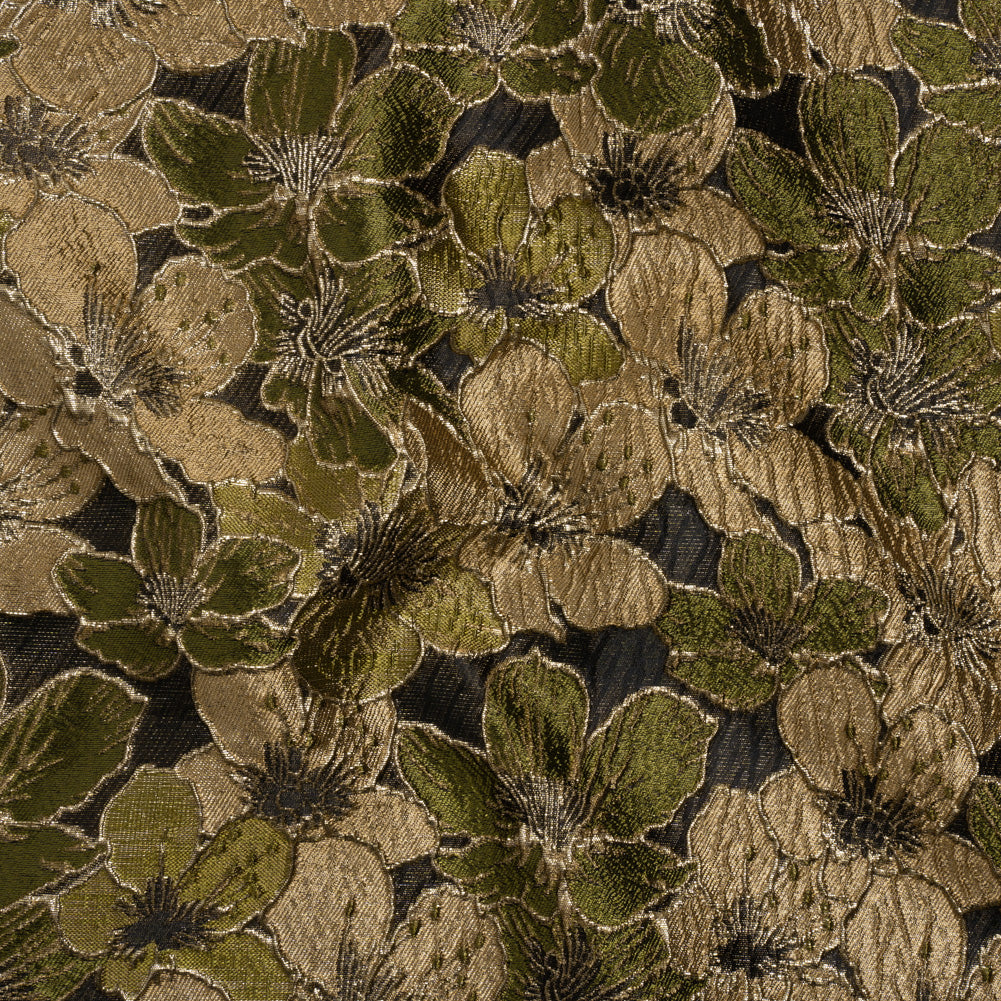 Metallic Brocade - Olive Green, Beige and Gold Floating Blossoms Metallic Brocade - Olive Green, Beige and Gold Floating Blossoms