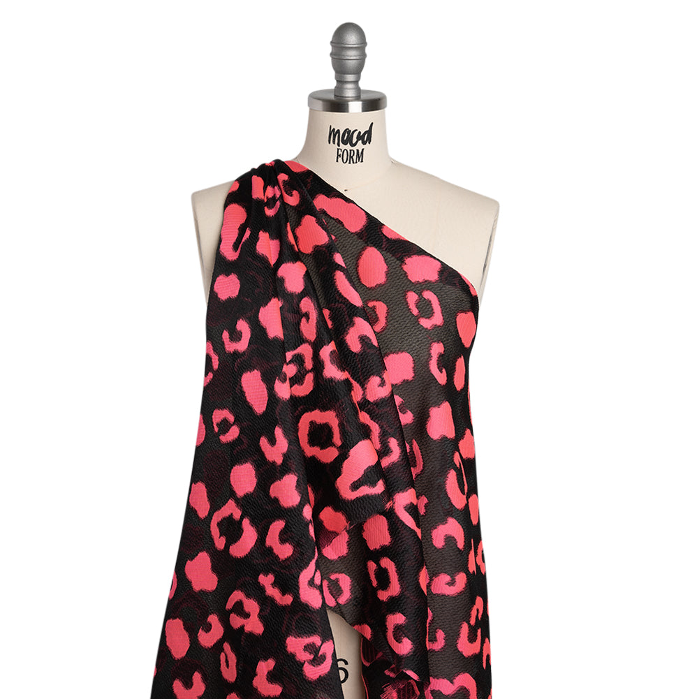 Lightweight Textured Burnout Brocade - Bright Pink and Black Animal Spots Lightweight Textured Burnout Brocade - Bright Pink and Black Animal Spots