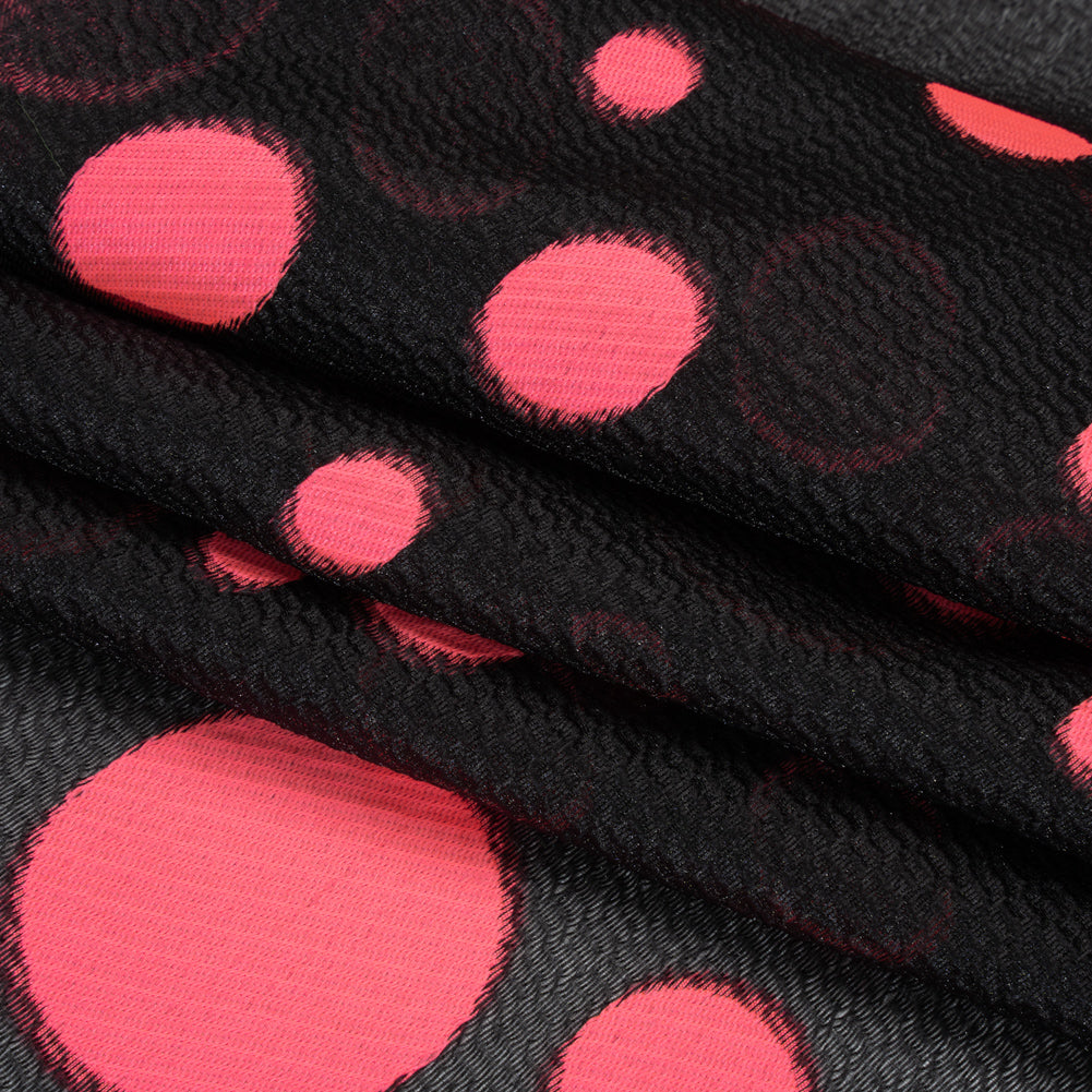 Lightweight Textured Burnout Brocade - Bright Pink and Black Polka Dots Lightweight Textured Burnout Brocade - Bright Pink and Black Polka Dots