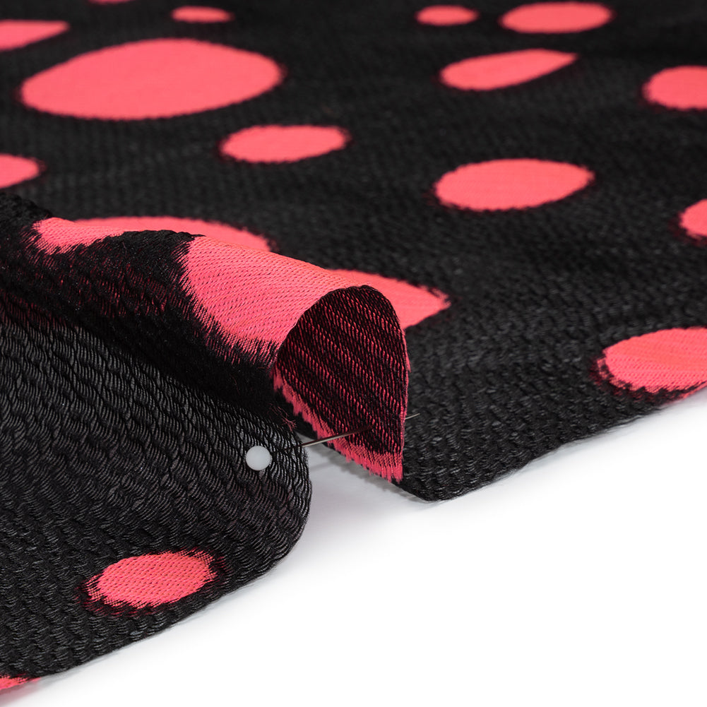 Lightweight Textured Burnout Brocade - Bright Pink and Black Polka Dots Lightweight Textured Burnout Brocade - Bright Pink and Black Polka Dots