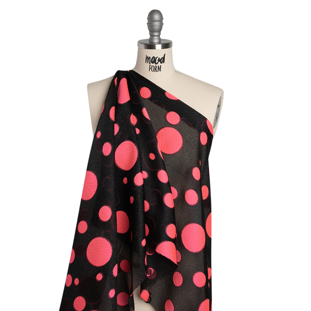 Lightweight Textured Burnout Brocade - Bright Pink and Black Polka Dots Lightweight Textured Burnout Brocade - Bright Pink and Black Polka Dots