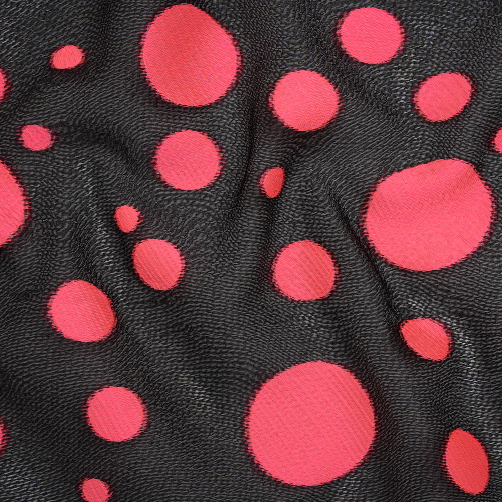 Lightweight Textured Burnout Brocade - Bright Pink and Black Polka Dots Lightweight Textured Burnout Brocade - Bright Pink and Black Polka Dots