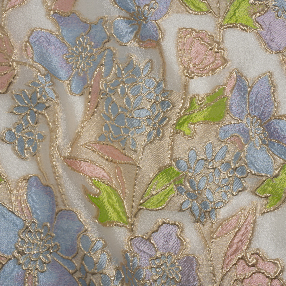 Metallic Burnout Brocade - Baby Pink, Sky Blue and Gold Festive Florals Metallic Burnout Brocade - Baby Pink, Sky Blue and Gold Festive Florals
