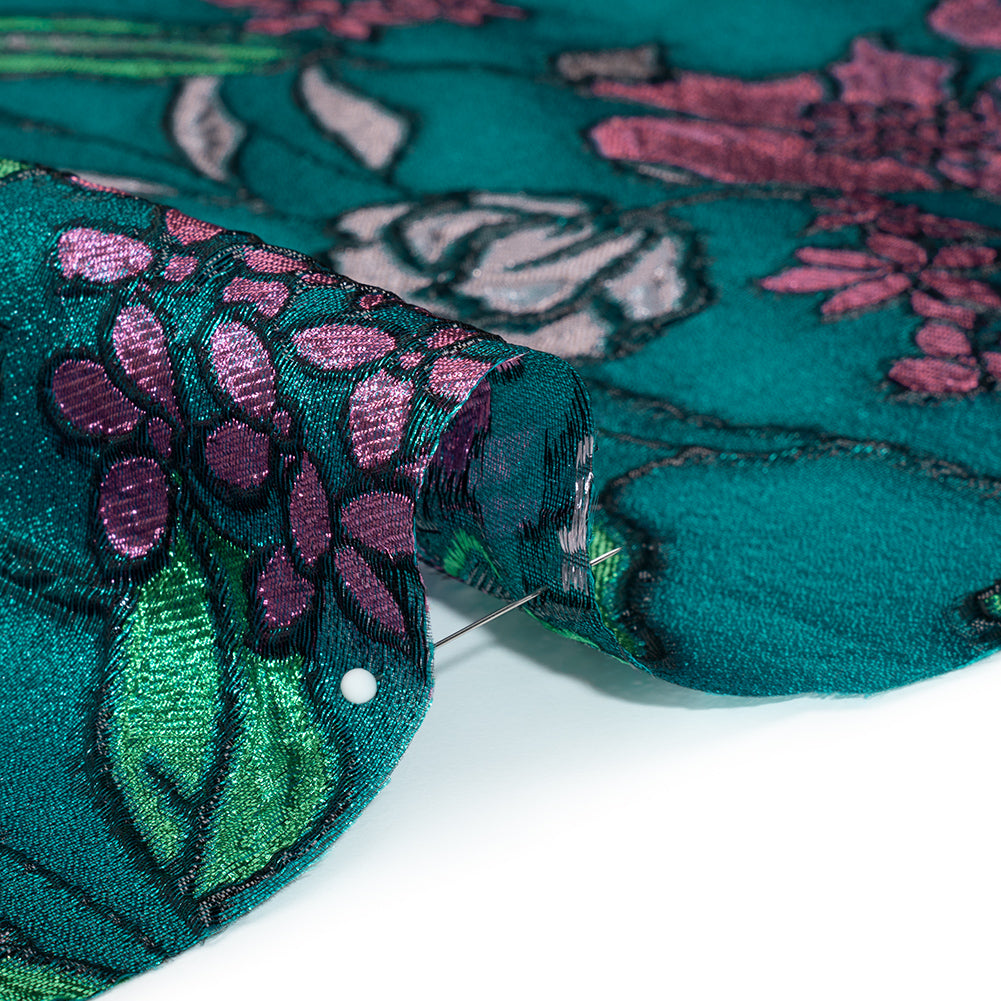 Metallic Burnout Brocade - Dark Teal, Pink and Black Festive Florals Metallic Burnout Brocade - Dark Teal, Pink and Black Festive Florals