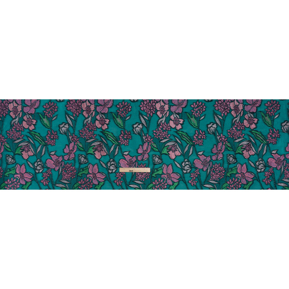 Metallic Burnout Brocade - Dark Teal, Pink and Black Festive Florals Metallic Burnout Brocade - Dark Teal, Pink and Black Festive Florals