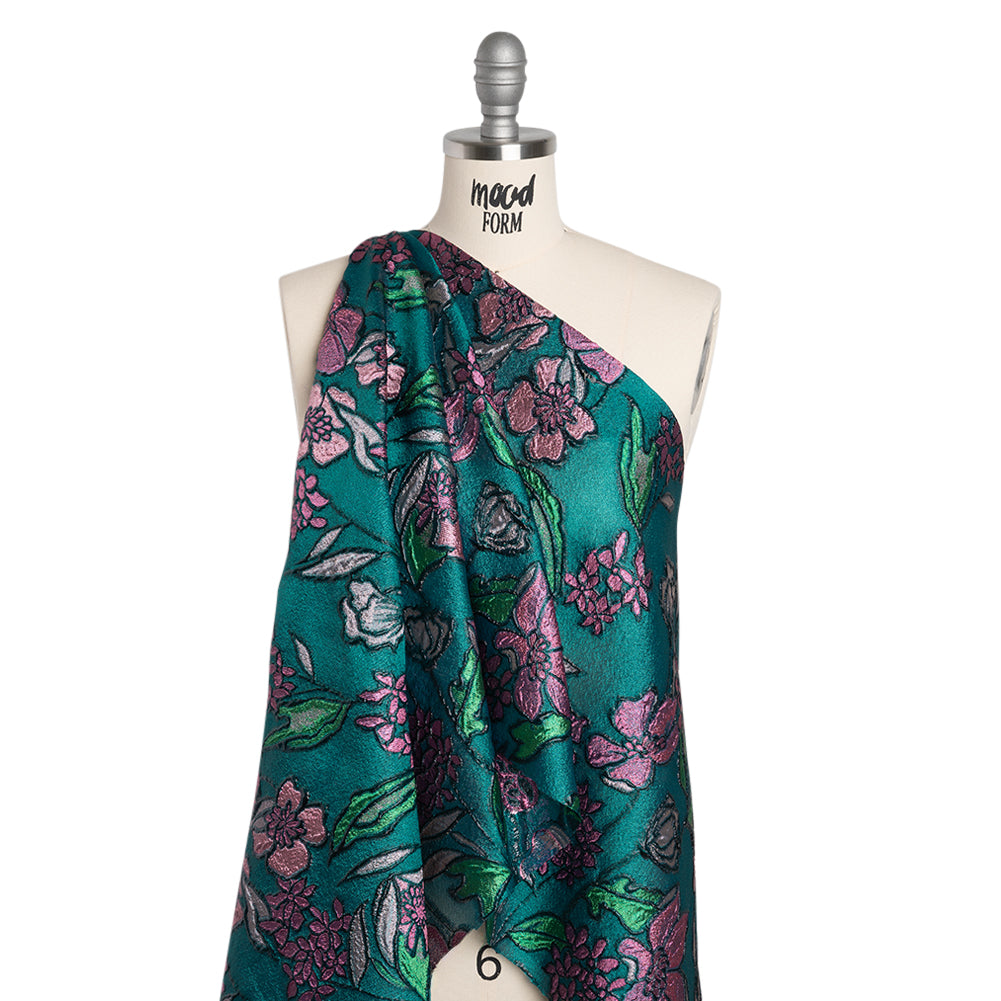 Metallic Burnout Brocade - Dark Teal, Pink and Black Festive Florals Metallic Burnout Brocade - Dark Teal, Pink and Black Festive Florals