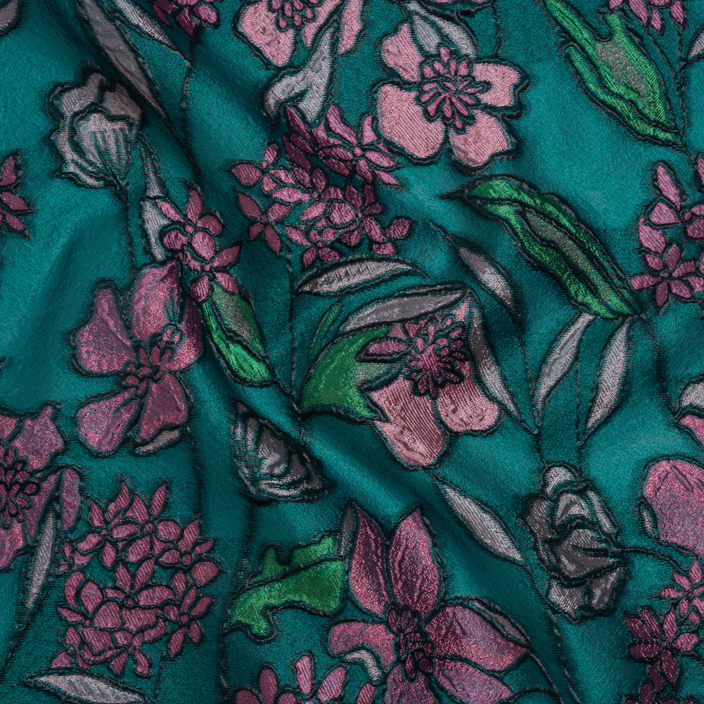 Metallic Burnout Brocade - Dark Teal, Pink and Black Festive Florals Metallic Burnout Brocade - Dark Teal, Pink and Black Festive Florals
