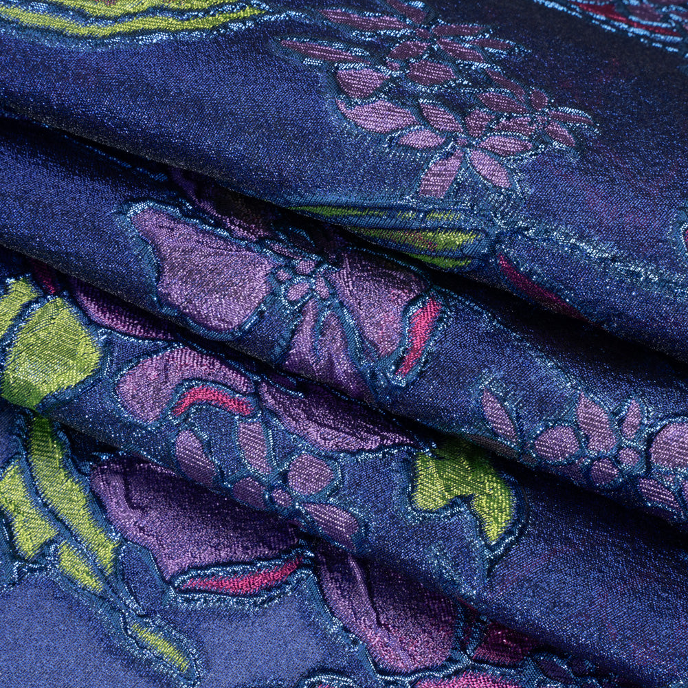 Metallic Burnout Brocade - Pink, Purple and Royal Blue Festive Florals - Folded Metallic Burnout Brocade - Pink, Purple and Royal Blue Festive Florals - Folded