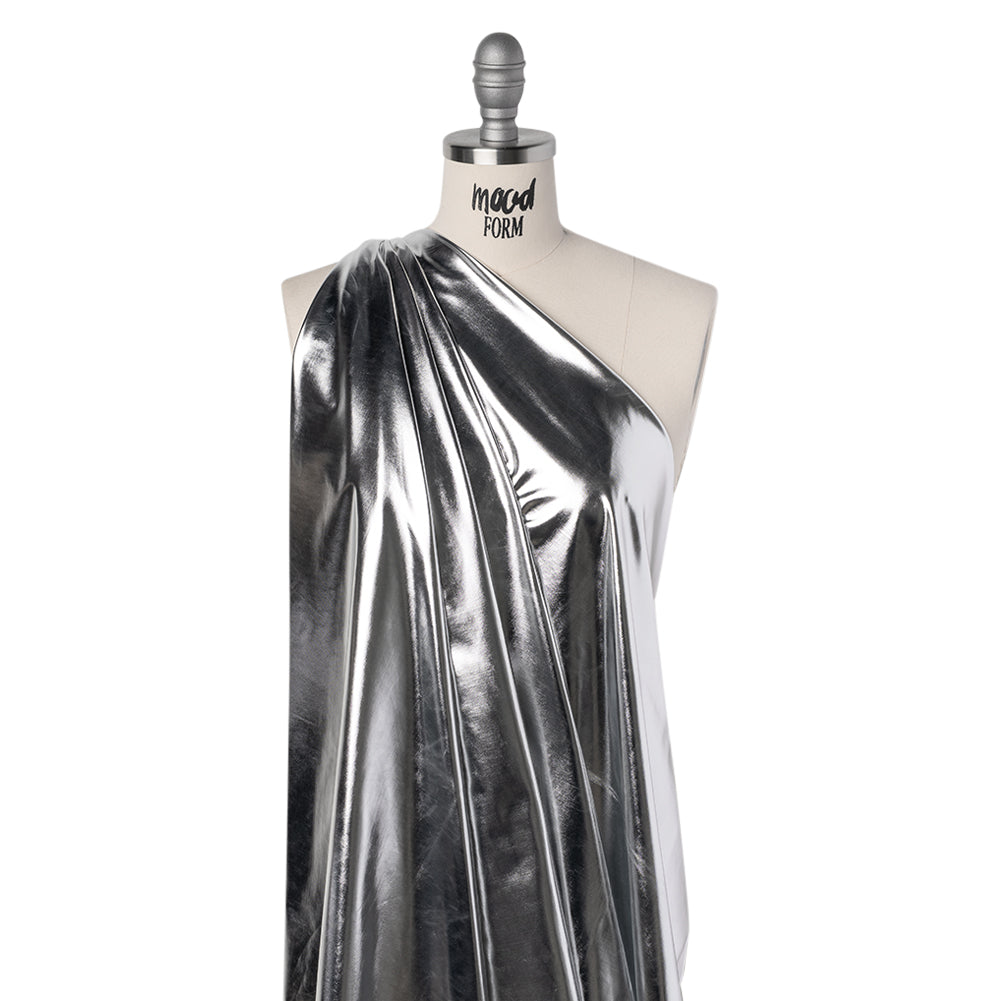 Foiled Faux Leather Stretch Knit - Silver with White Backing - Alison Collection Foiled Faux Leather Stretch Knit - Silver with White Backing - Alison Collection