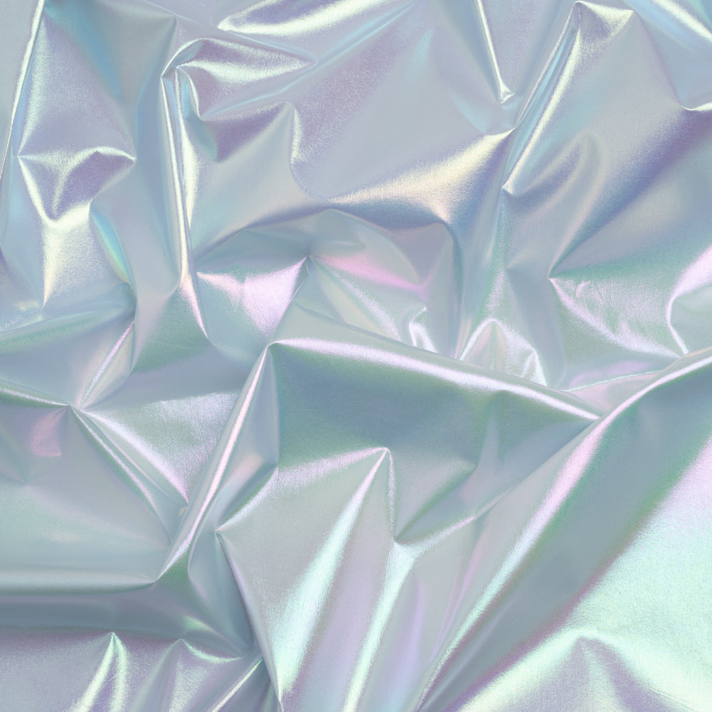 Metallic Lame Jacketing - Pastel Rainbow Ombre Stripe on Pale Blue - Inez Collection - Drape Metallic Lame Jacketing - Pastel Rainbow Ombre Stripe on Pale Blue - Inez Collection - Drape