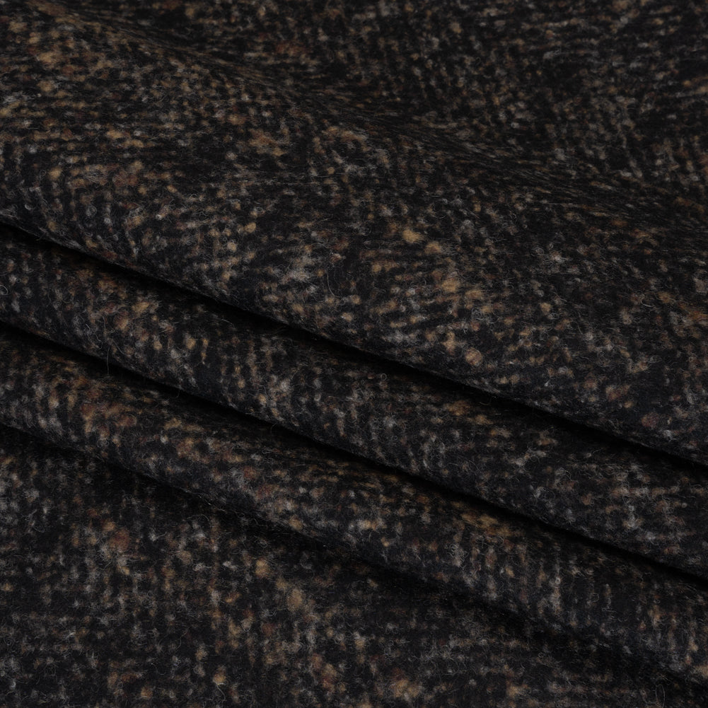Alpaca Blend Boiled Wool Coating Made in Italy - Brown and Black Mottled Herringbone - Deadstock Alpaca Blend Boiled Wool Coating Made in Italy - Brown and Black Mottled Herringbone - Deadstock