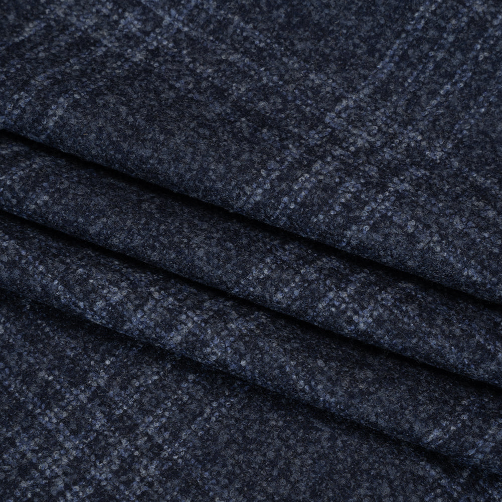 Wool, Silk and Cashmere Boucle Suiting Made in Italy - Blue and Navy Plaid - Deadstock - Folded Wool, Silk and Cashmere Boucle Suiting Made in Italy - Blue and Navy Plaid - Deadstock - Folded