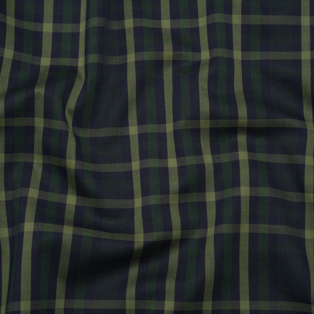 Cotton Twill Shirting - Navy, Emerald and Sage Green Plaid - Deadstock Cotton Twill Shirting - Navy, Emerald and Sage Green Plaid - Deadstock