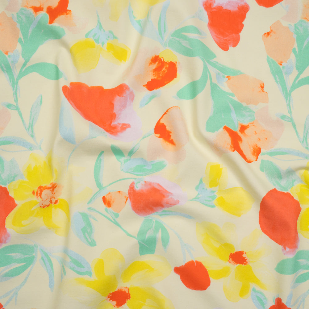 Stretch Nylon Swimwear Tricot - Lemon Yellow, Red Orange and Mint Green Painted Flowers - Designer Deadstock Stretch Nylon Swimwear Tricot - Lemon Yellow, Red Orange and Mint Green Painted Flowers - Designer Deadstock