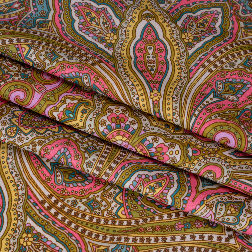 Stretch Nylon Swimwear Tricot - Pink, Olive Green and Blue Ornate Paisleys - Designer Deadstock Stretch Nylon Swimwear Tricot - Pink, Olive Green and Blue Ornate Paisleys - Designer Deadstock