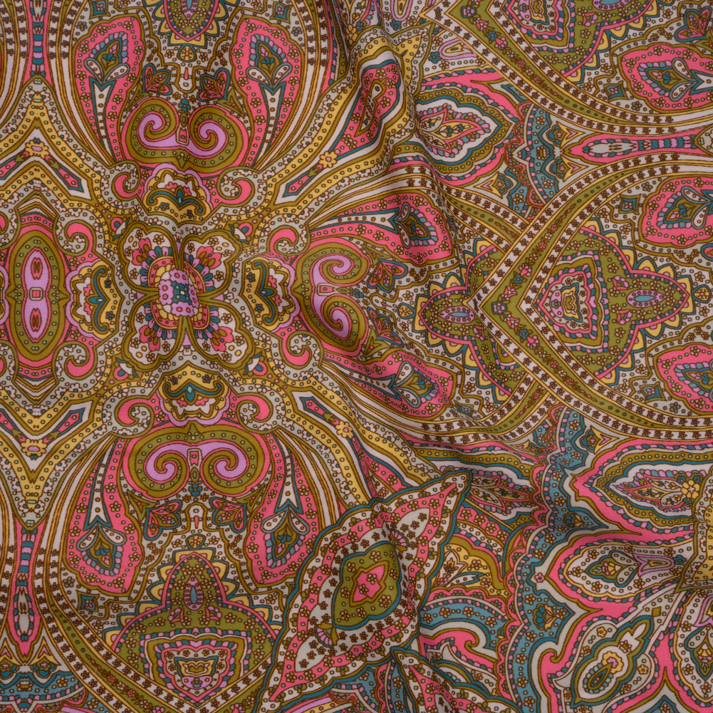 Stretch Nylon Swimwear Tricot - Pink, Olive Green and Blue Ornate Paisleys - Designer Deadstock Stretch Nylon Swimwear Tricot - Pink, Olive Green and Blue Ornate Paisleys - Designer Deadstock