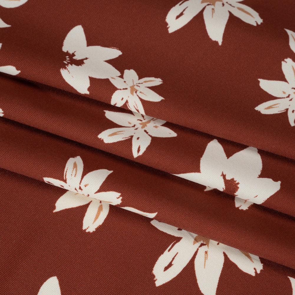 Stretch Nylon Jersey - Russet Brown and Cream Floral - Designer Deadstock - Folded Stretch Nylon Jersey - Russet Brown and Cream Floral - Designer Deadstock - Folded