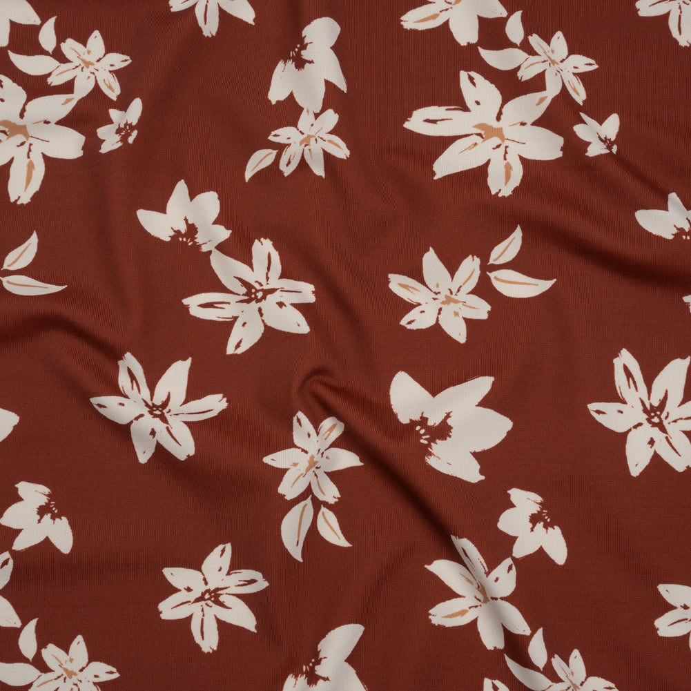 Stretch Nylon Jersey - Russet Brown and Cream Floral - Designer Deadstock Stretch Nylon Jersey - Russet Brown and Cream Floral - Designer Deadstock