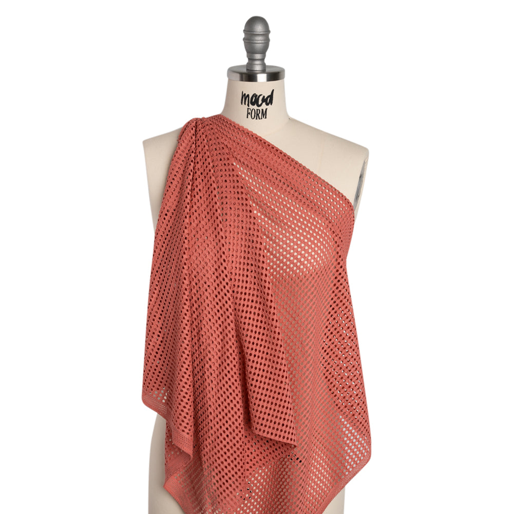 Stretch Polyester Eyelet Knit - Muted Coral Rows of Dots - Designer Deadstock Stretch Polyester Eyelet Knit - Muted Coral Rows of Dots - Designer Deadstock
