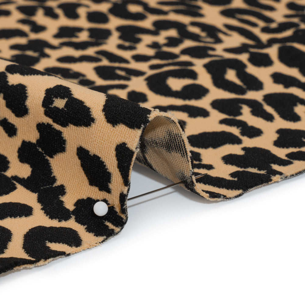 Stretch Polyester Jacquard Knit - Beige and Black Leopard Spots - Designer Deadstock - Detail Stretch Polyester Jacquard Knit - Beige and Black Leopard Spots - Designer Deadstock - Detail
