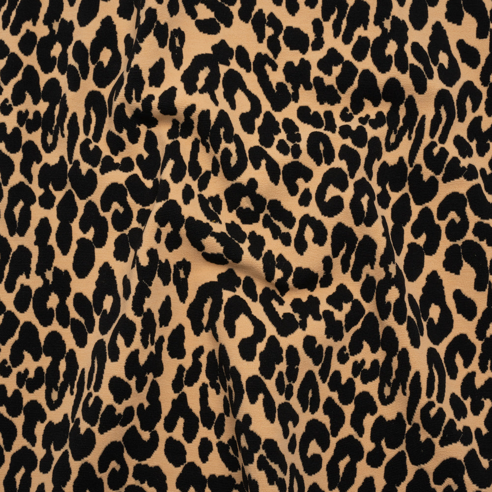 Stretch Polyester Jacquard Knit - Beige and Black Leopard Spots - Designer Deadstock Stretch Polyester Jacquard Knit - Beige and Black Leopard Spots - Designer Deadstock