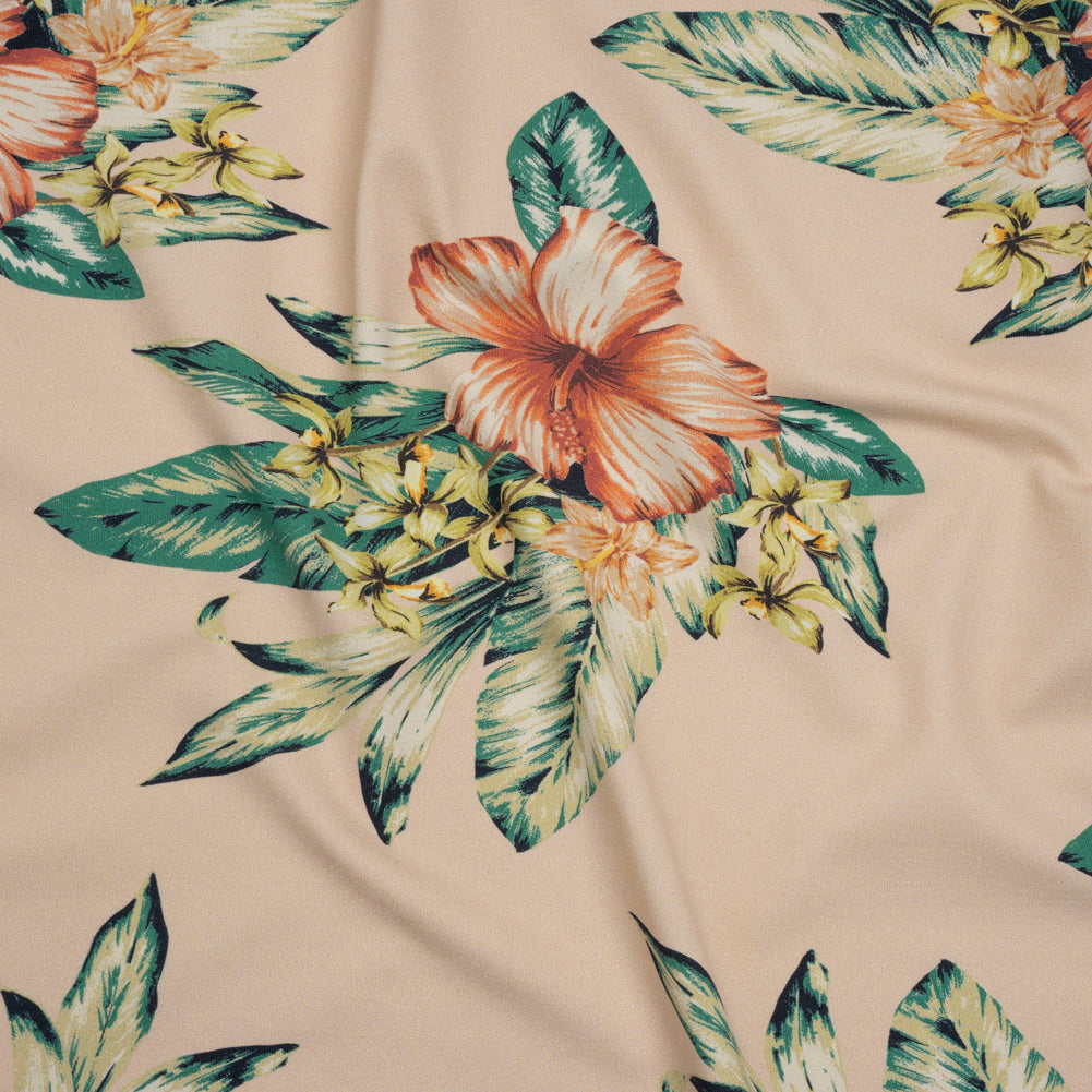 Stretch Nylon Swimwear Tricot - Beige, Green and Pink Tropical Bouquets - Designer Deadstock Stretch Nylon Swimwear Tricot - Beige, Green and Pink Tropical Bouquets - Designer Deadstock