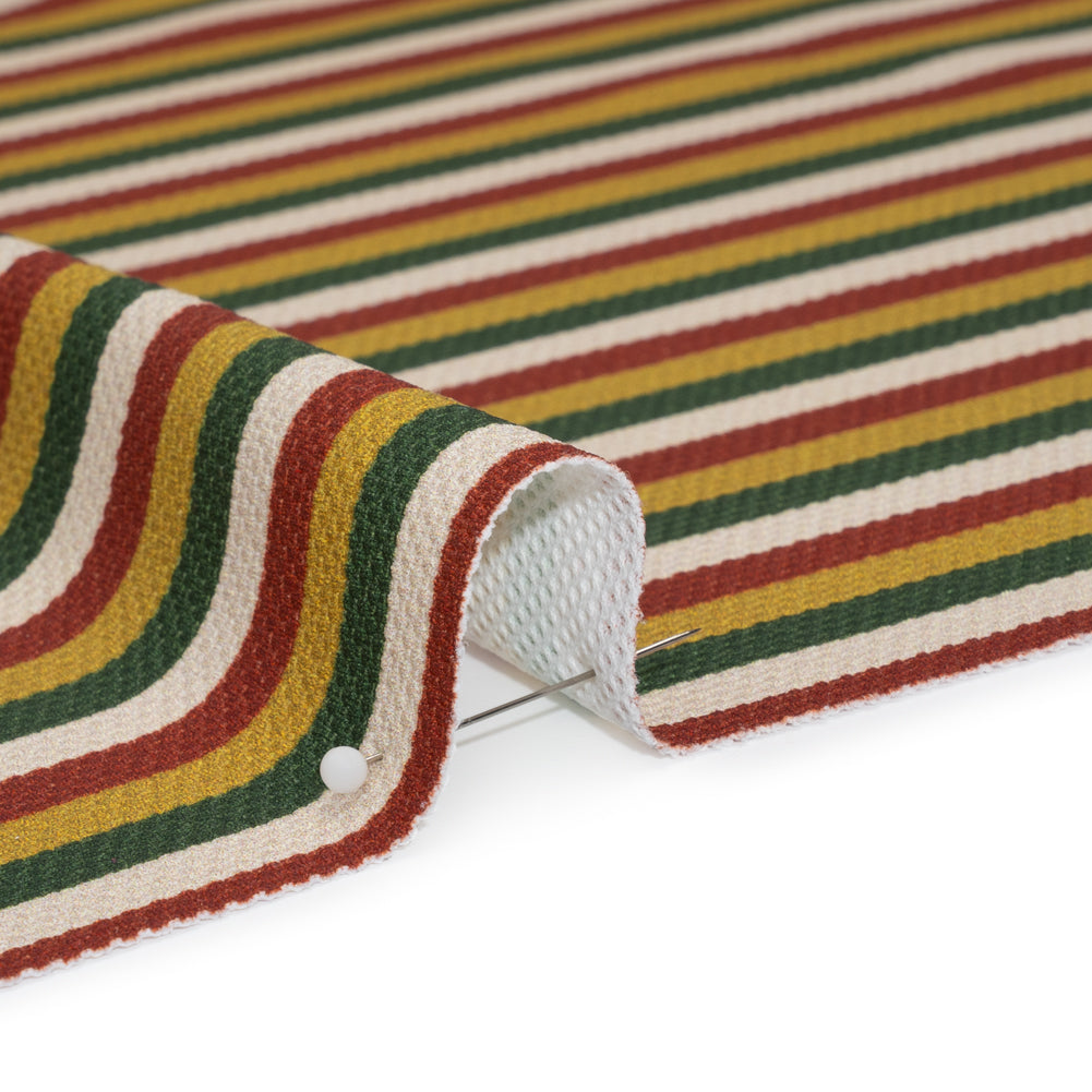Stretch Polyester Pique Knit - Brick Red, Gold and Green Horizontal Stripes - Designer Deadstock Stretch Polyester Pique Knit - Brick Red, Gold and Green Horizontal Stripes - Designer Deadstock