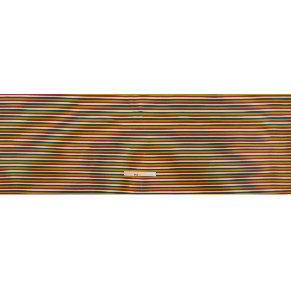 Stretch Polyester Pique Knit - Brick Red, Gold and Green Horizontal Stripes - Designer Deadstock Stretch Polyester Pique Knit - Brick Red, Gold and Green Horizontal Stripes - Designer Deadstock