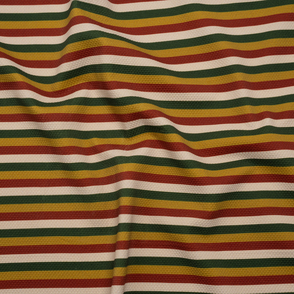 Stretch Polyester Pique Knit - Brick Red, Gold and Green Horizontal Stripes - Designer Deadstock Stretch Polyester Pique Knit - Brick Red, Gold and Green Horizontal Stripes - Designer Deadstock