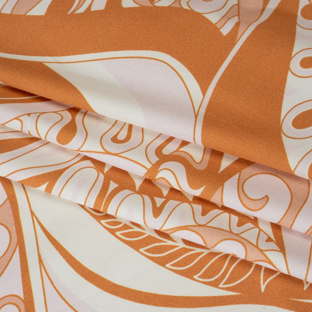 Stretch Nylon Swimwear Tricot - Caramel, Cream and Pale Pink Retro Swirls and Leaves - Designer Deadstock Stretch Nylon Swimwear Tricot - Caramel, Cream and Pale Pink Retro Swirls and Leaves - Designer Deadstock