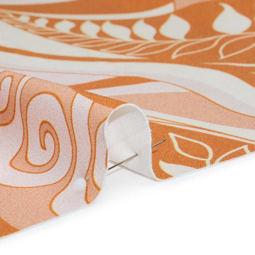 Stretch Nylon Swimwear Tricot - Caramel, Cream and Pale Pink Retro Swirls and Leaves - Designer Deadstock Stretch Nylon Swimwear Tricot - Caramel, Cream and Pale Pink Retro Swirls and Leaves - Designer Deadstock