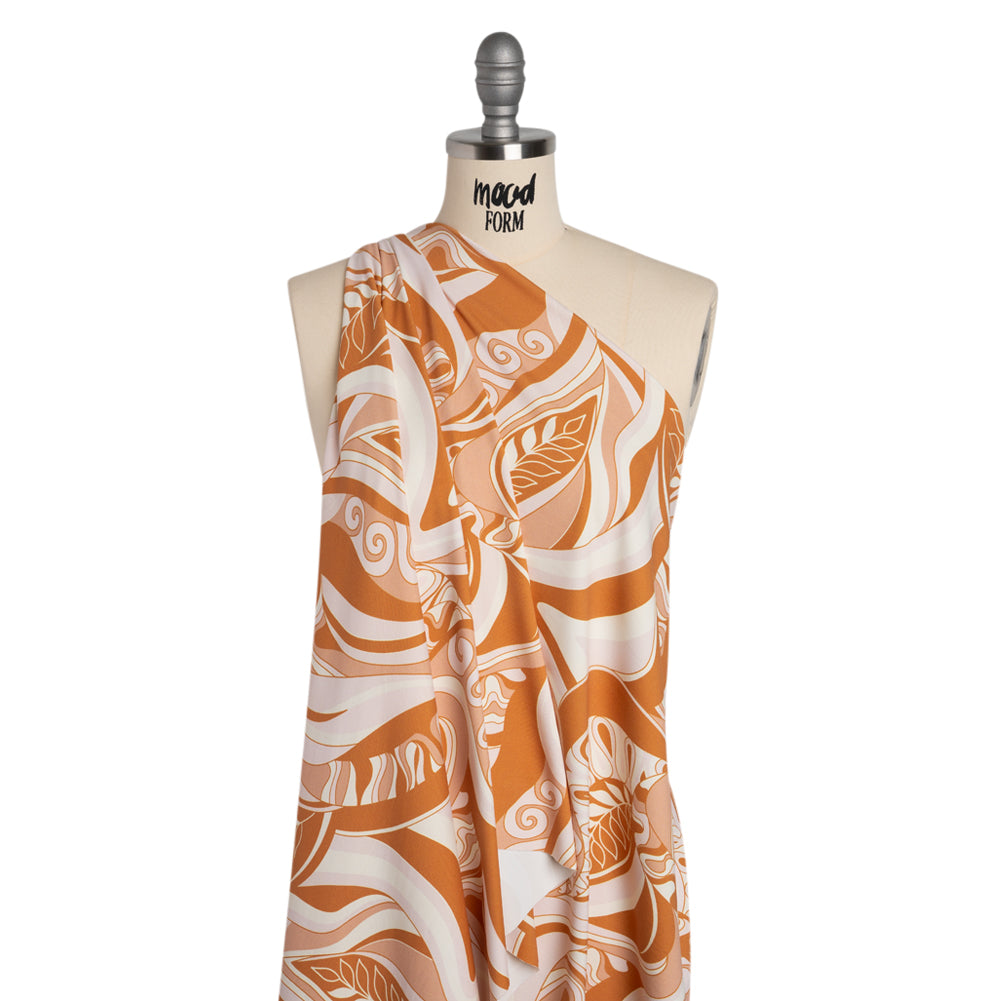 Stretch Nylon Swimwear Tricot - Caramel, Cream and Pale Pink Retro Swirls and Leaves - Designer Deadstock Stretch Nylon Swimwear Tricot - Caramel, Cream and Pale Pink Retro Swirls and Leaves - Designer Deadstock