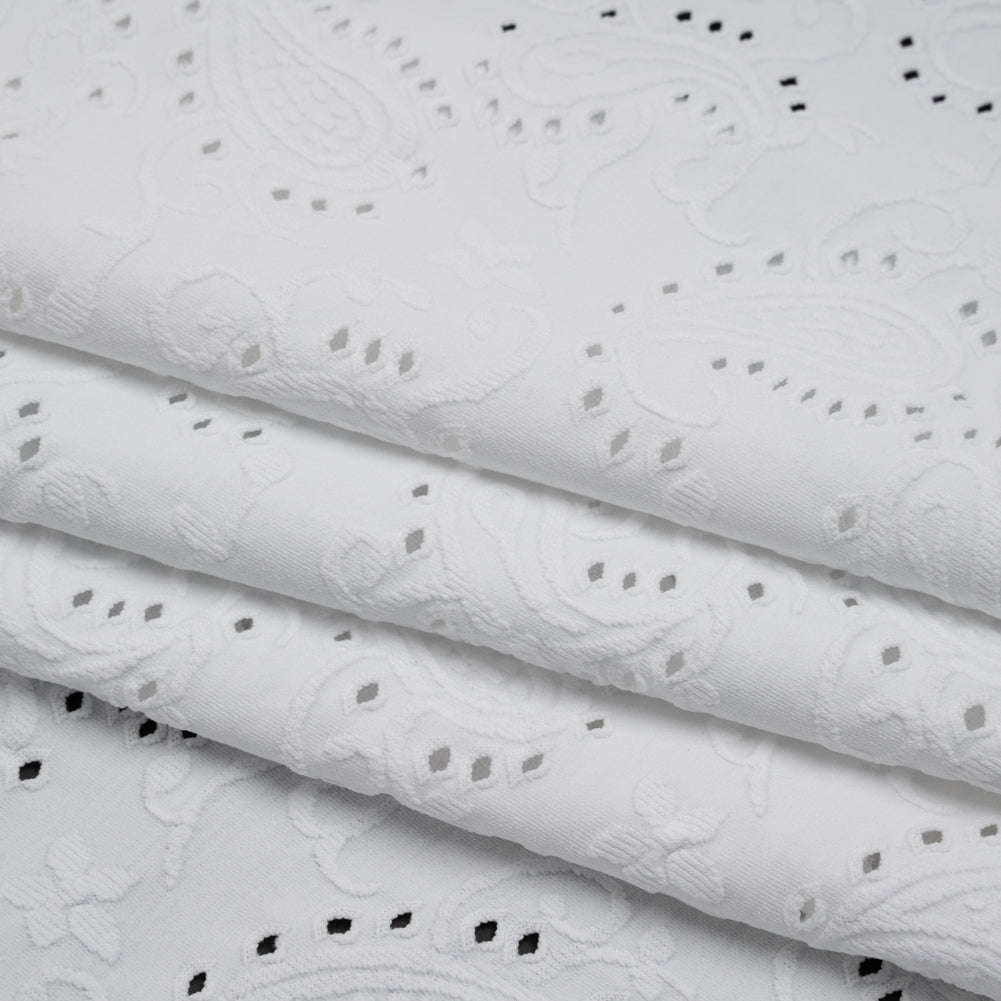 Stretch Nylon Eyelet Jacquard Knit - White Paisley - Designer Deadstock Stretch Nylon Eyelet Jacquard Knit - White Paisley - Designer Deadstock