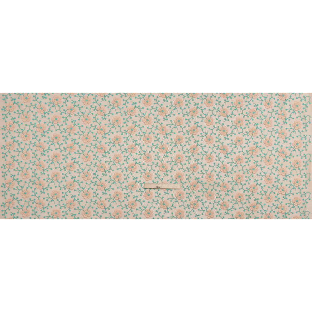3D Embroidered Spacer Mesh - Peach and Turquoise Floral Vines - Designer Deadstock 3D Embroidered Spacer Mesh - Peach and Turquoise Floral Vines - Designer Deadstock