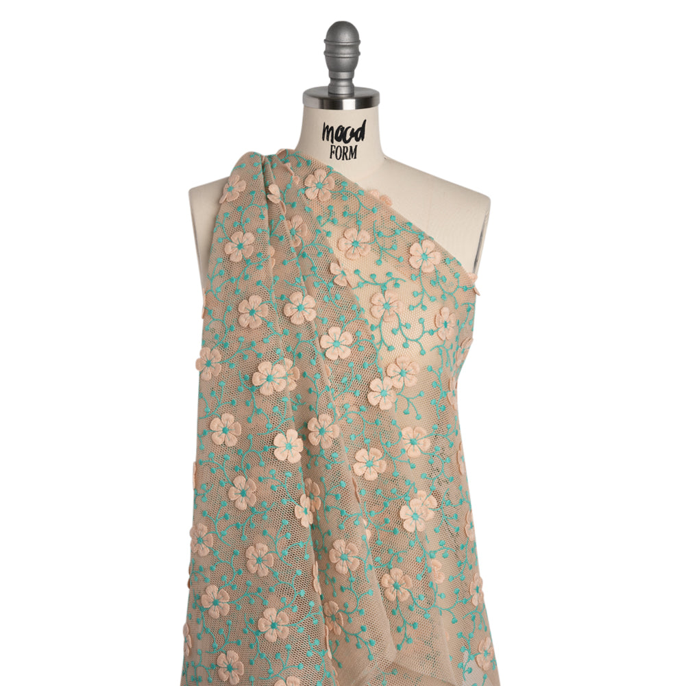 3D Embroidered Spacer Mesh - Peach and Turquoise Floral Vines - Designer Deadstock 3D Embroidered Spacer Mesh - Peach and Turquoise Floral Vines - Designer Deadstock