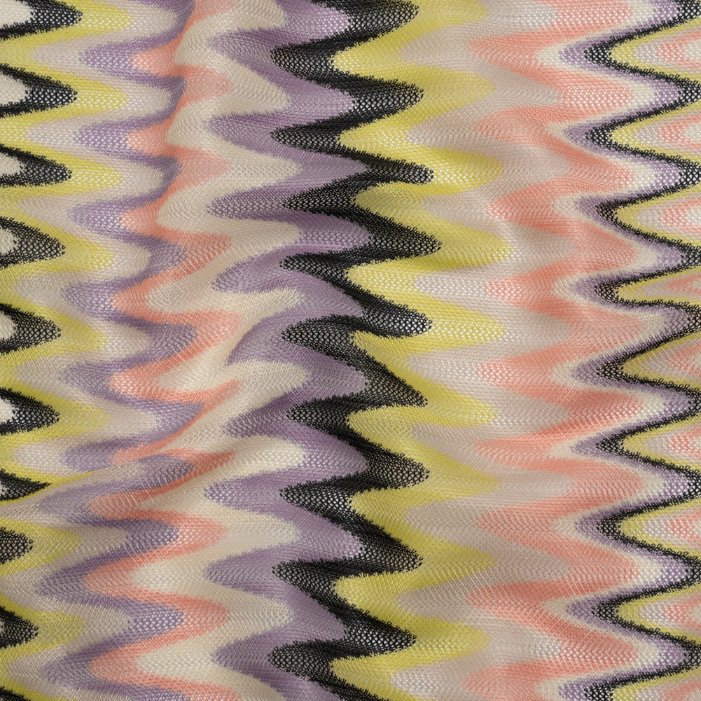 Polyester Sheer Novelty Knit - Lime Green, Lavender and Pink Retro Waves - Designer Deadstock Polyester Sheer Novelty Knit - Lime Green, Lavender and Pink Retro Waves - Designer Deadstock