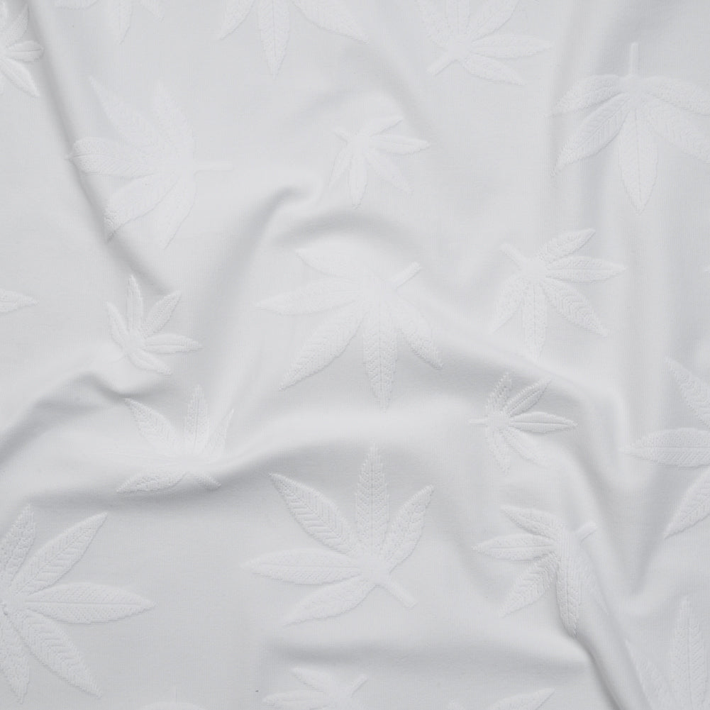 Stretch Polyester Jacquard Knit - White Scattered Leaves - Designer Deadstock Stretch Polyester Jacquard Knit - White Scattered Leaves - Designer Deadstock