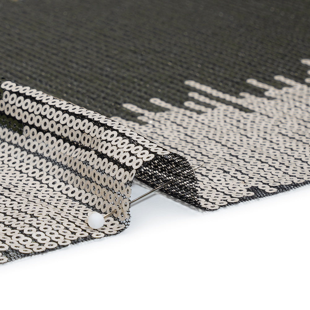 Baby Sequins on Black Stretch Mesh - Olive Green, Light Beige and Tan Ikat Stripes - Deadstock - Detail Baby Sequins on Black Stretch Mesh - Olive Green, Light Beige and Tan Ikat Stripes - Deadstock - Detail