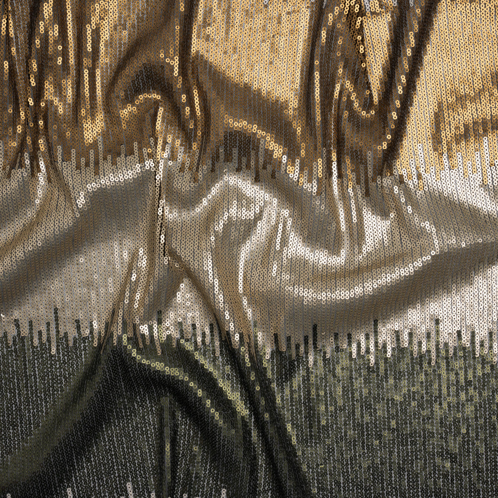 Baby Sequins on Black Stretch Mesh - Olive Green, Light Beige and Tan Ikat Stripes - Deadstock Baby Sequins on Black Stretch Mesh - Olive Green, Light Beige and Tan Ikat Stripes - Deadstock
