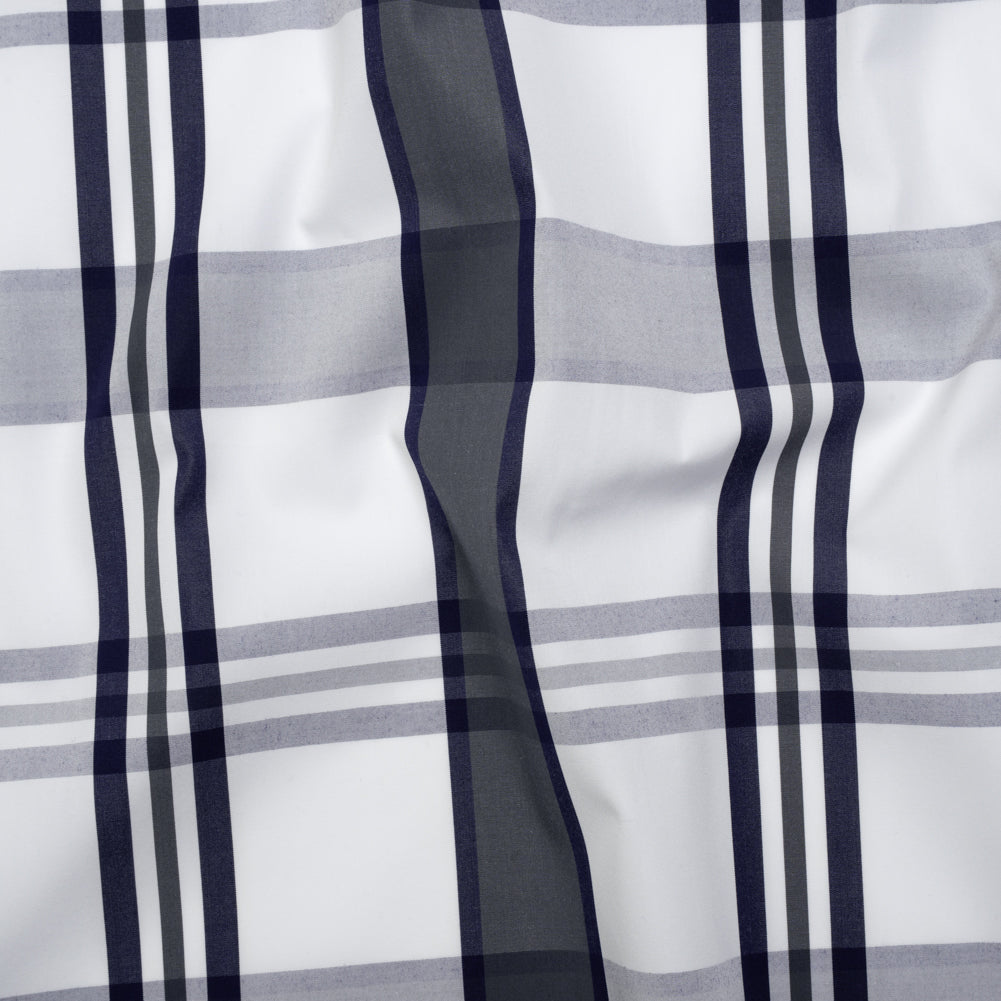 Cotton Shirting - Charcoal, White and Navy Plaid - Designer Deadstock Cotton Shirting - Charcoal, White and Navy Plaid - Designer Deadstock