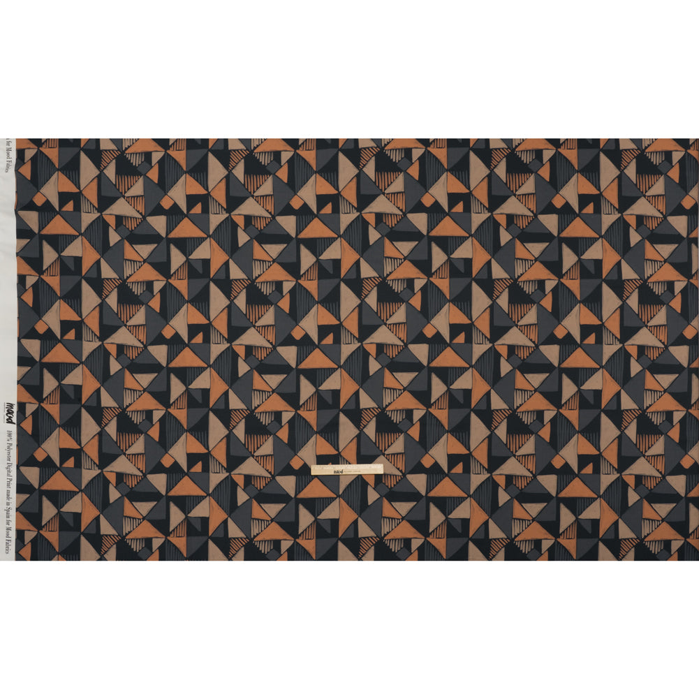 Polyester Crepe-Back Satin - Midnight, Taupe and Burnt Orange Painterly Triangles - Mood Exclusive Fractured Forms Print - Full Polyester Crepe-Back Satin - Midnight, Taupe and Burnt Orange Painterly Triangles - Mood Exclusive Fractured Forms Print - Full
