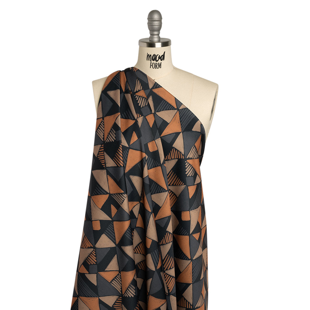 Polyester Crepe-Back Satin - Midnight, Taupe and Burnt Orange Painterly Triangles - Mood Exclusive Fractured Forms Print - Drape Polyester Crepe-Back Satin - Midnight, Taupe and Burnt Orange Painterly Triangles - Mood Exclusive Fractured Forms Print - Drape